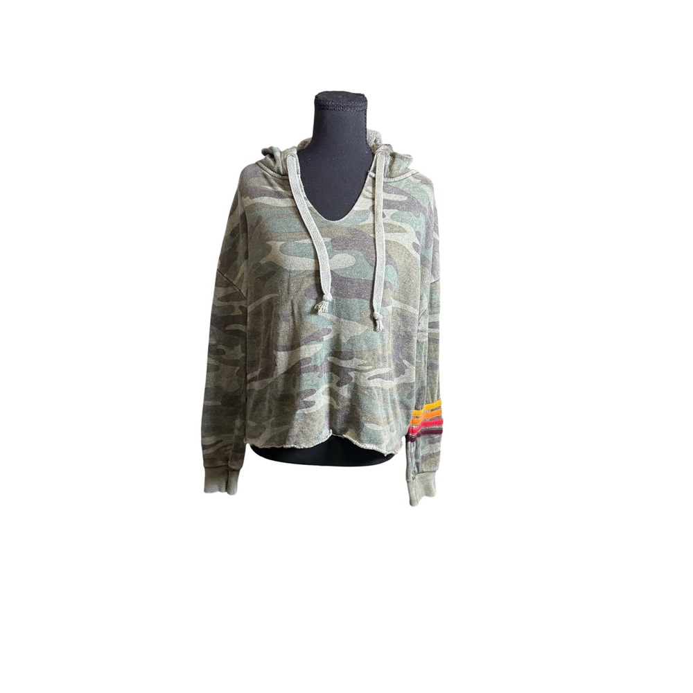Vintage Havana Hoodie S Green Camo Stripes Raw Hem V-Neck Pullover Gorpcore